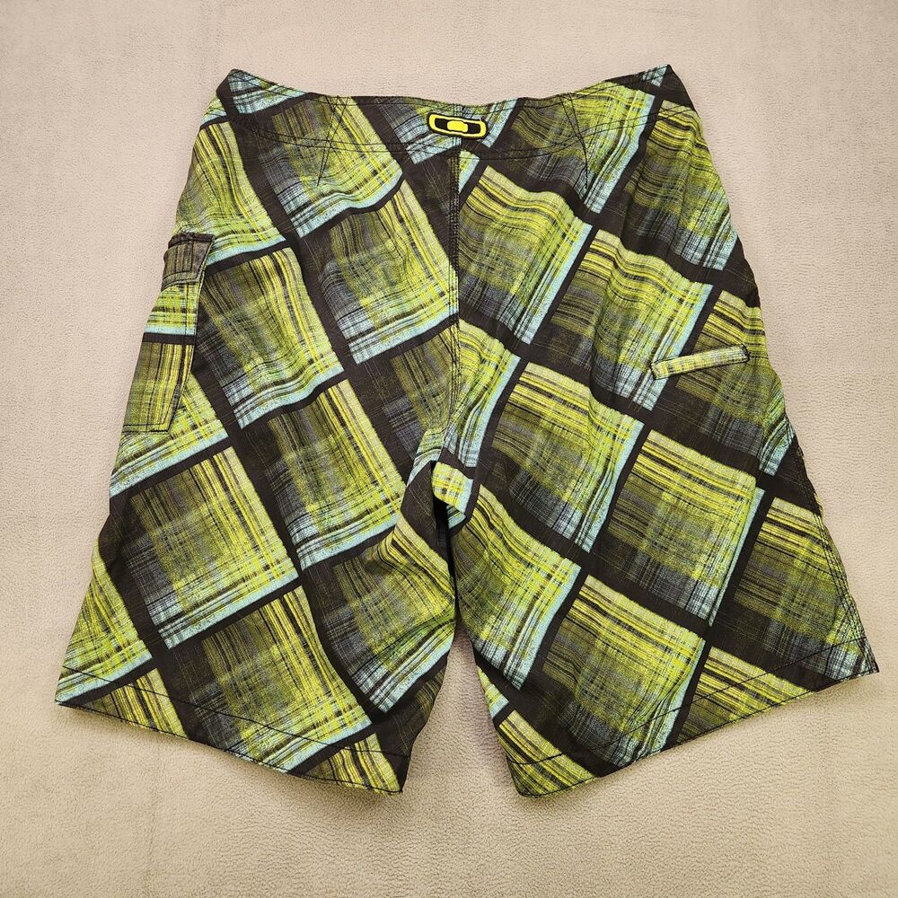 Oakley Hybrid Board Shorts Men's 34 Lime Green Checkered Plaid Cargo Zip 11" - Picture 2 of 6